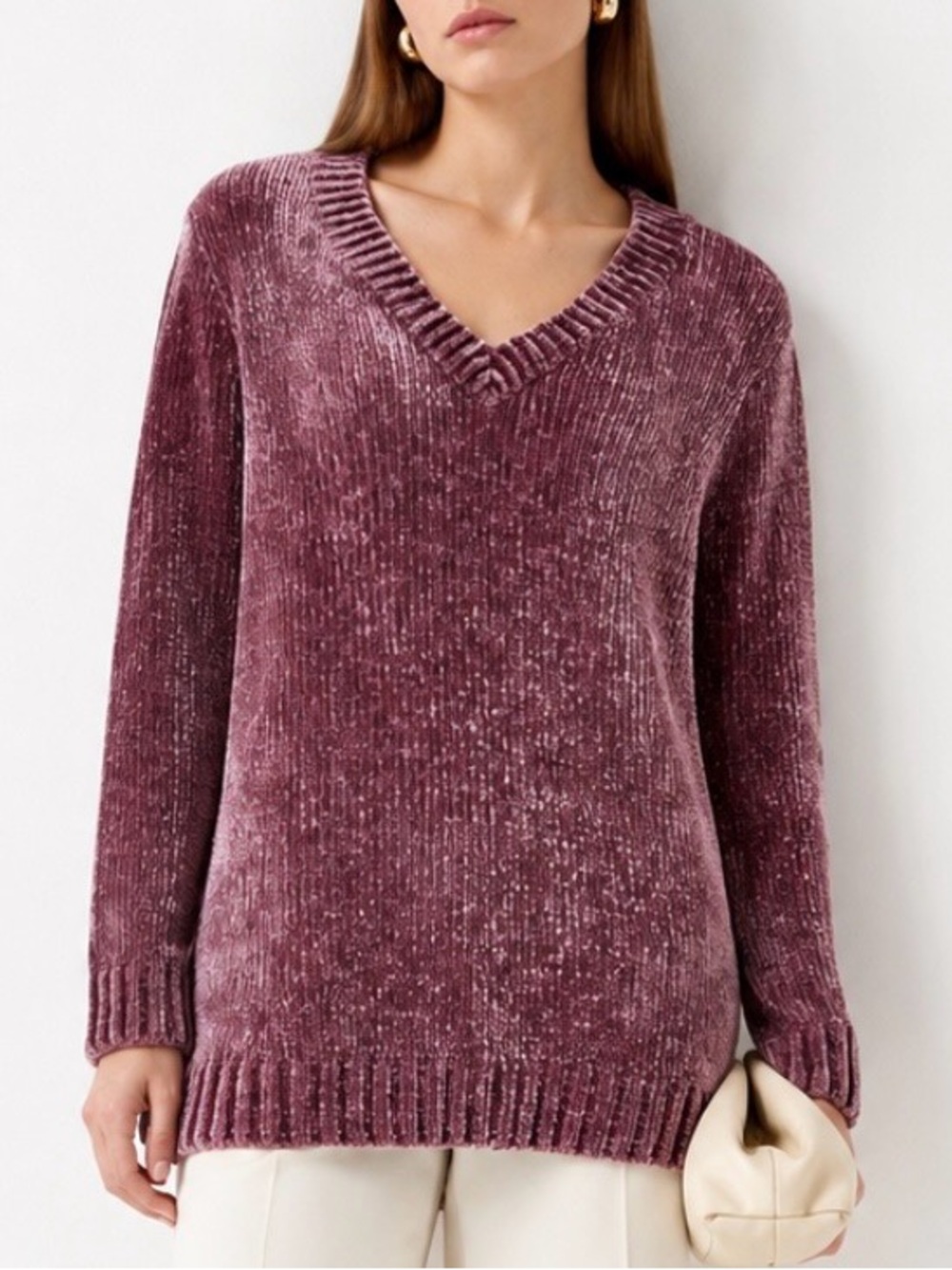 NWT ORVIS Chenille V-Neck Chenille Sweater in Dusty Plum Size Large